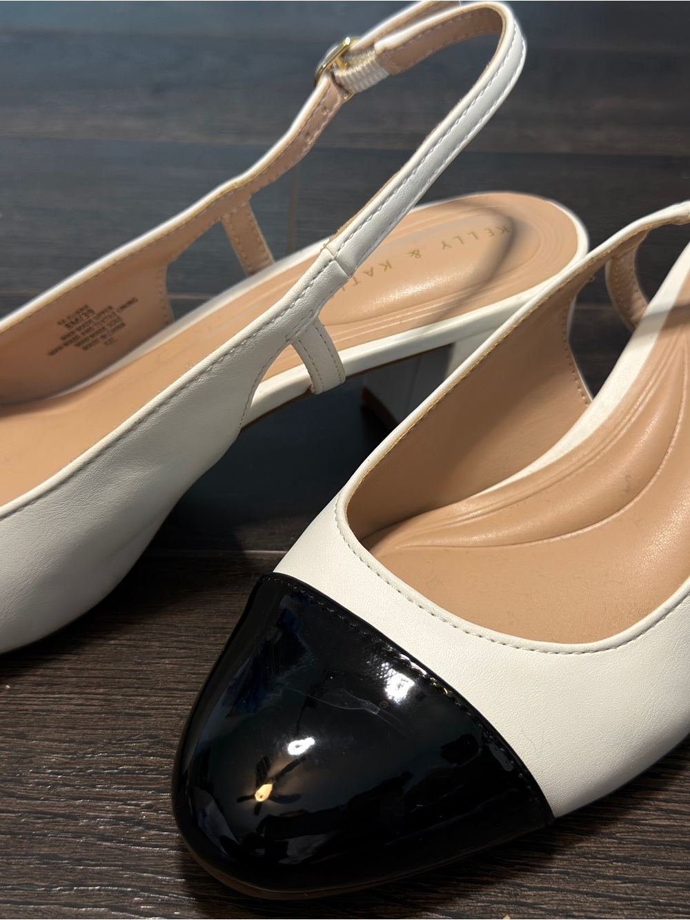 Kelly & Katie White Slingback Mules with Black Patent Cap Toe
